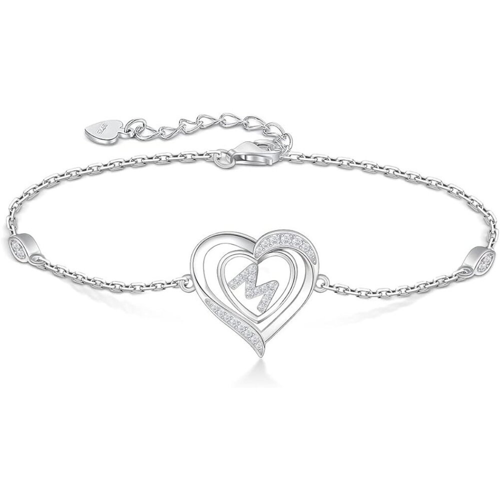 Heart Initial 925 Sterling Silver Letter Alphabet Jewelry - Letter M